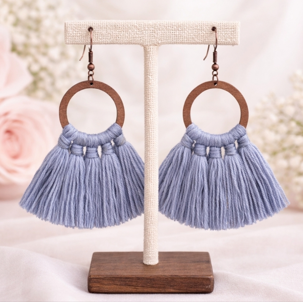 Gray tassel and wooden earrings
